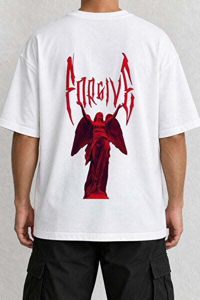 CrowsGate Forgive Red Angel Back Print Oversize White T-Shirt