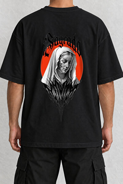 CrowsGate Sagrado Portre Back Printed Oversize Black T-Shirt