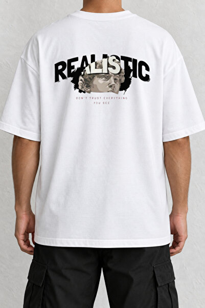 CrowsGate Realistic Sculpture Back Print Oversize White T-Shirt