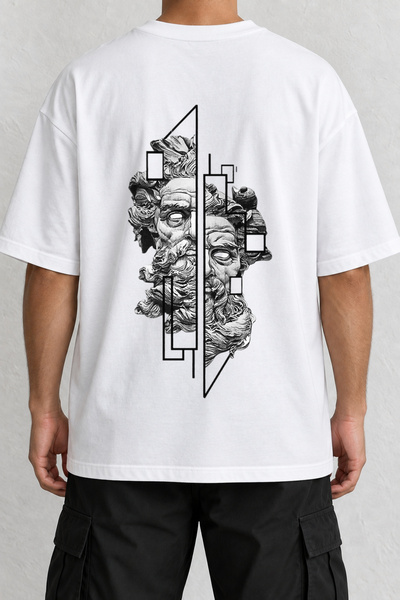 CrowsGate Geometric Zeus Back Printed Oversize White T-Shirt
