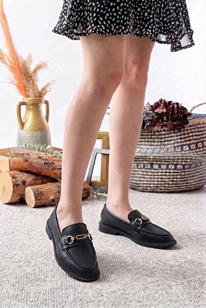 MCASERING Günlük Kadın / Kız OXFORD Kolej Loafer Ayakkabı Siyah G Tokalı
