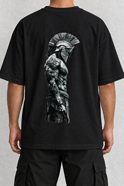 CrowsGate Μπλουζάκι Oversize με στάμπα στην πλάτη Spartan Warrior σε μαύρο χρώμα