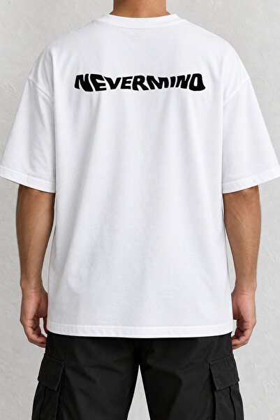 CrowsGate Nevermind Wavy Text Back Print Oversize White T-Shirt