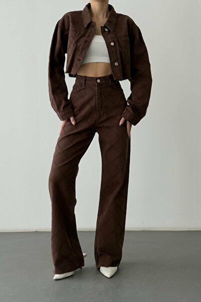Quzu Women's Brown Diamond Patterned Jeans