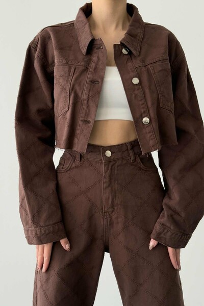 Quzu Women's Brown Laser Pocket Detailed Jean Jacket