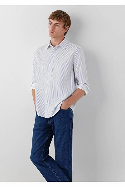 Mavi Men's White Striped Shirt Navy Blazer Shirt on White Background