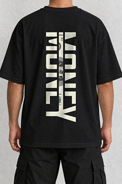 CrowsGate Tricou negru supradimensionat cu imprimeu tipografic Money pe spate