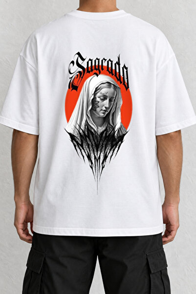 CrowsGate Sagrado Portre Back Print Oversize White T-Shirt