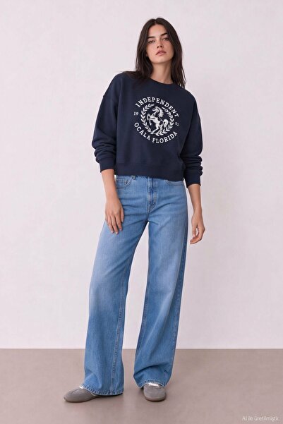 Quzu Women's Navy Blue Print Detailed T-Shirt