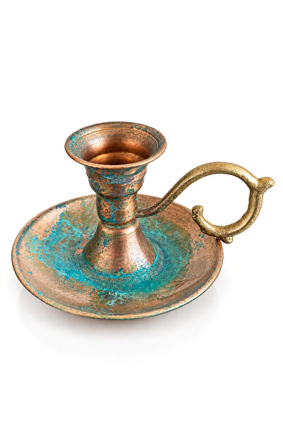 Copper Empire El Yapımı Mavi Patina Bakır Şamdan Kulplu Dekoratif Mumluk