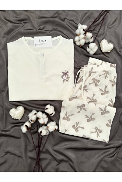 Lena Homewears Σετ πιτζάμες με μακρυμάνικο παλτό και κορδέλα με σχέδιο εκρού