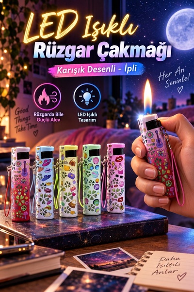 Genel Markalar LED Işıklı Rüzgar Çakmağı - Karışık Desenli - İpli
