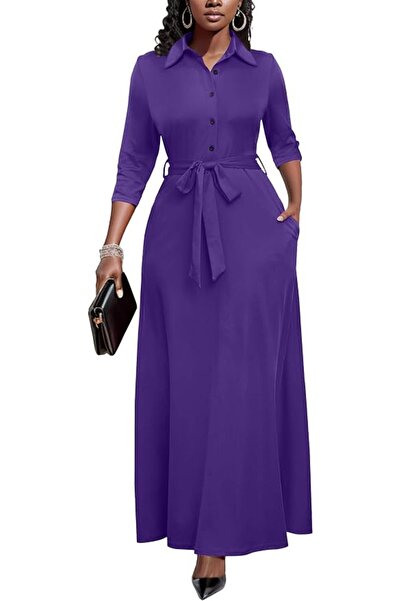 GENERAL Runwind Women Maxi Dress Long Sleeve Button Down Print Dress Church O...