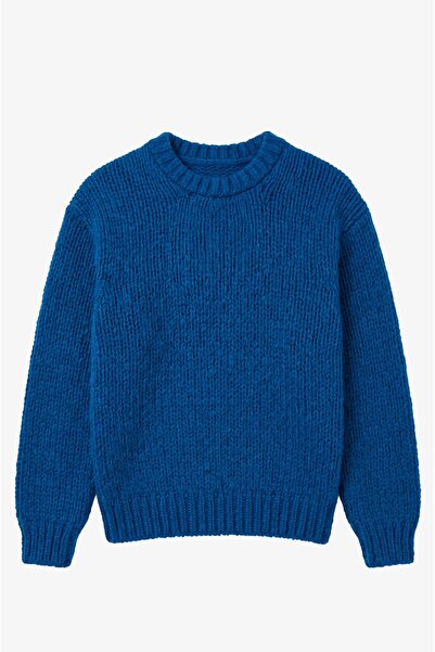 Havoş Saks Blauer dicker Strickpullover mit Rundhalsausschnitt