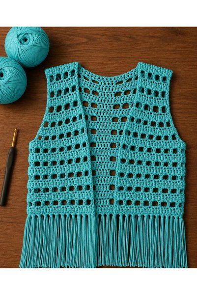 MEGAHAN BOUTIQUE Hand Knitted Mesh Women's Vest - Bohemian Design Vest with Tassels