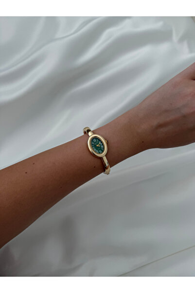 Lillianna Kadın Gold Bileklik Saat Vintage Oval Kadran Yeşil Beyaz Analog Qua...