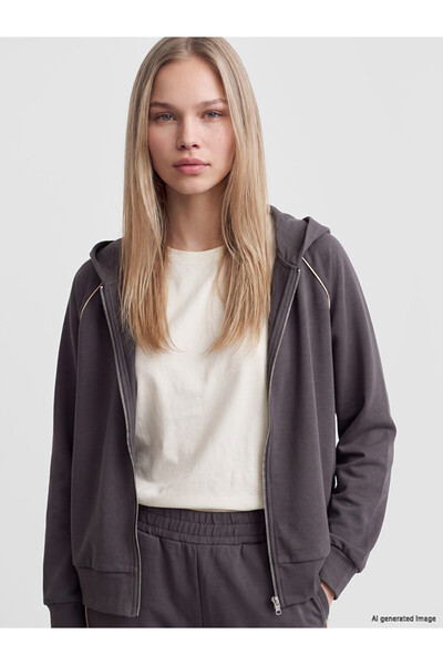 LC Waikiki Vizyon New Season Gray Hooded Women's Zippered Sweatshirt