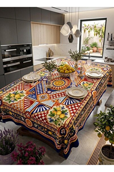 Home Premium Lemon and Tile Patterned Tablecloth - Authentic Mediterranean Se...