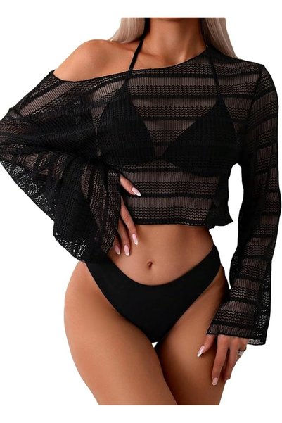 KASTWAVE ملابس سباحة نسائية من 3 قطع بيكيني هالتر مع غطاء شبكي، ملابس سباحة ه...
