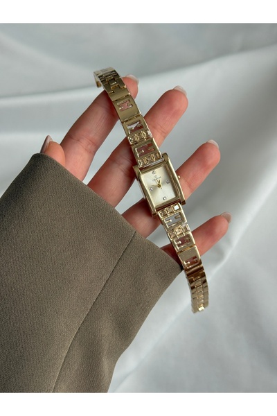 Kadın Gold Kol Saati Dikdörtgen Kadran Taş Detaylı Kordon Vintage Zarif Quartz Bileklik Saat