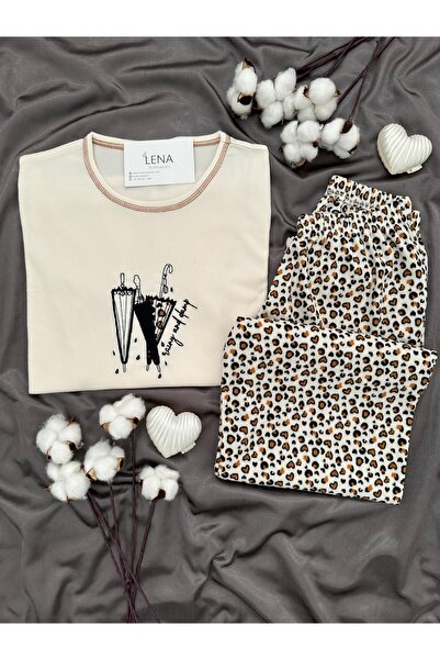 Lena Homewears Σετ πιτζάμες με μακρυμάνικο σχέδιο λεοπάρ και σχέδιο βάφλας
