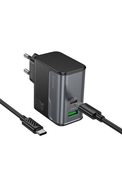 Hoco Încărcător de rețea + Cablu USB-C, 1m, PD45W+QC3.0, 1xUSB-C, 1xUSB, Încărcare rapidă - Negru