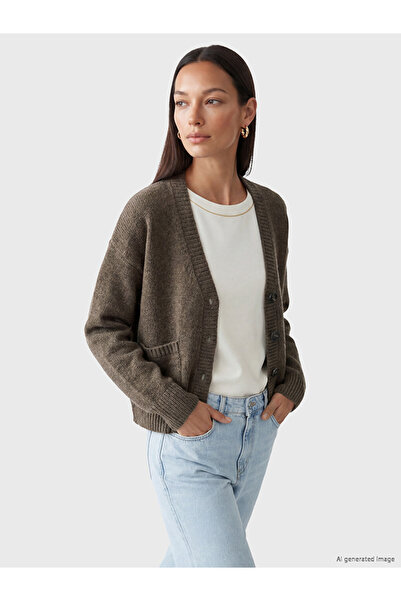 LC Waikiki Vizyon New Season Brown V-Neck Women's Knitwear Cardigan