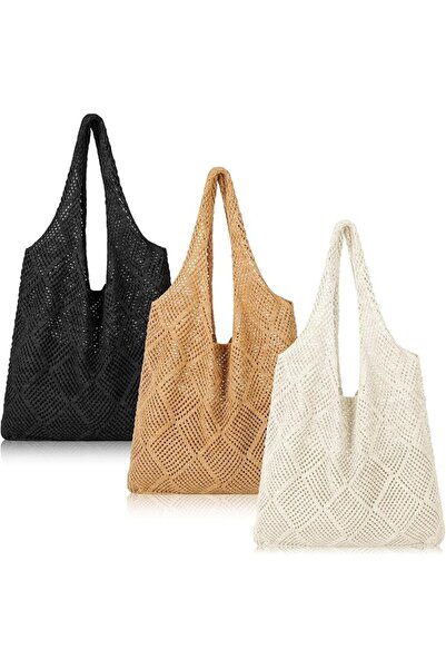 Tazweeq Beach Tote Bag, 3pcs Crochet Mesh Beach Tote Bag, Summer Hollow Woven...
