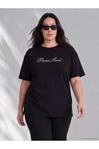 LC Waikiki Vizyon New Season Black Large Size Stoned 100% Cotton Women's T-Shirt