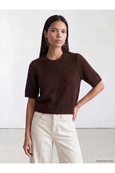 LC Waikiki Peak New Season Brown Crew Neck Embroidered Women's Knitwear Sweater
