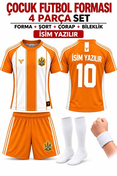 yenteks İsim yazılır Çocuk Futbol Forması Turuncu Beyaz Özel Tasarım 4 parça ...