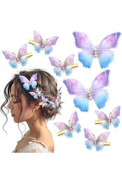 Tazweeq 8 Pcs Purple Butterfly Hair Clips, Blue Tulle Pearl Rhinestone Butter...