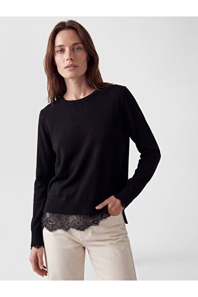 LC Waikiki Vizyon New Season Black Crew Neck Lace Detailed Women's Knitwear S...