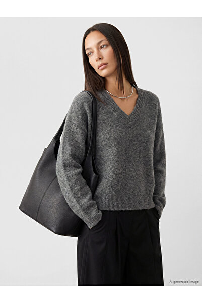 LC Waikiki Peak New Season Gray V-Neck Women's Knitwear Sweater