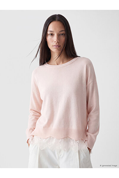 LC Waikiki Vizyon New Season Pink Lace Detailed Women's Knitwear Sweater