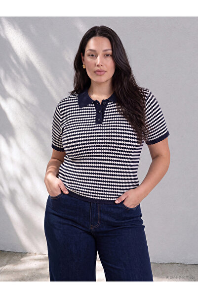 LC Waikiki Vizyon New Season Navy Blue Large Size Polo Collar Striped Women's...