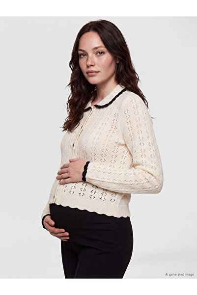LC Waikiki Vizyon New Season Ecru Baby Collar Openwork Women's Knitwear Cardigan
