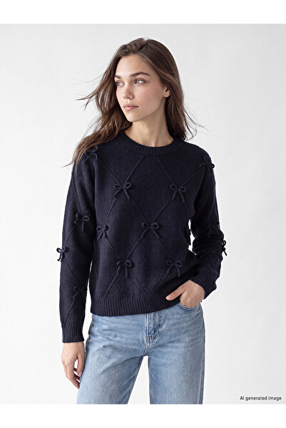 LC Waikiki Lcw Modest Navy Blue Bow Detailed Women's Knitwear Sweater