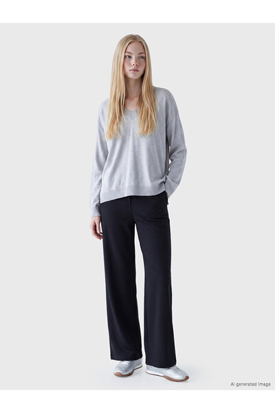 LC Waikiki Vizyon New Season Gray V-Neck Oversize Women's Knitwear Sweater
