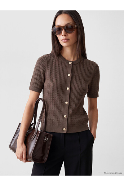 LC Waikiki Lcw Everyday Brown Crew Neck Braided Women's Knitwear Cardigan