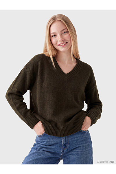 LC Waikiki Vizyon New Season Green V-Neck Oversize Women's Knitwear Sweater