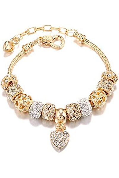 Tazweeq Gold Beads Bracelet with Rhinestone Heart Charm, Luxury Adjustable Ba...