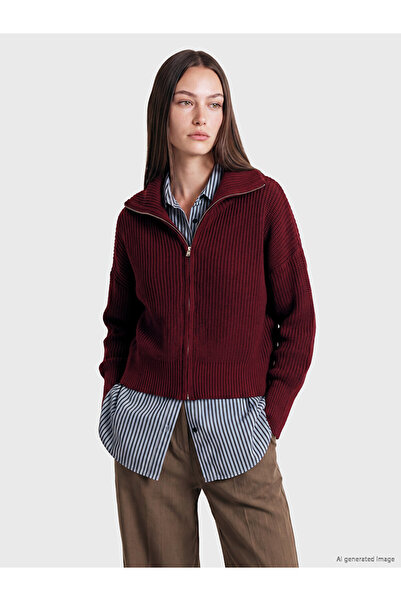 LC Waikiki Peak New Season Burgundy High Collar Women's Knitwear Cardigan