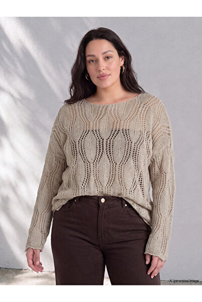 LC Waikiki Vizyon New Season Beige Large Size Openwork Women's Knitwear Sweater
