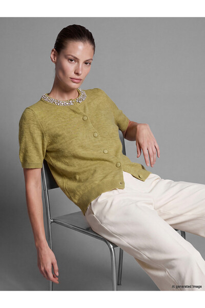 LC Waikiki سترة تريكو نسائية من Özmarka New Season Green Crew Neck Stone