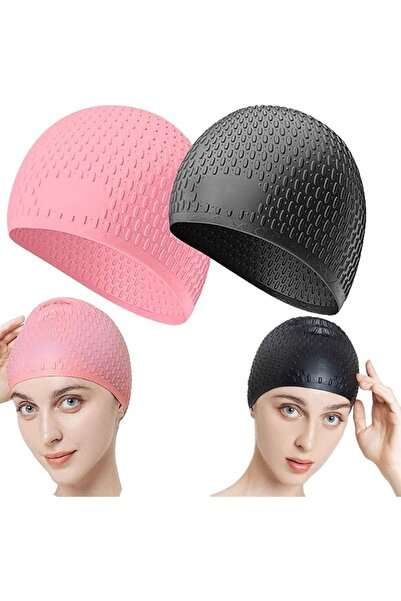 QUTOOB Pack Of 2 Silicone Swim Cap, 3D Ergonomic Beautiful Design for Men, Gi...
