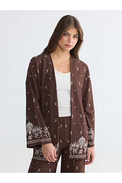 LC Waikiki Vizyon New Season Brown Shawl Collar Patterned Women's Cardigan