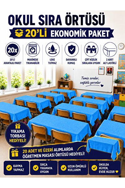 GÜLHOME 20'Li Okul Sıra Masa Örtüsü Lastikli A kalite kumaş Leke Tutmaz