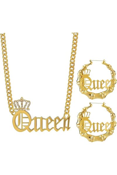 TERRIFI Hip Hop Queen Jewelry Set for Women Gold Tone Hoop Earrings, 80s 90s ...