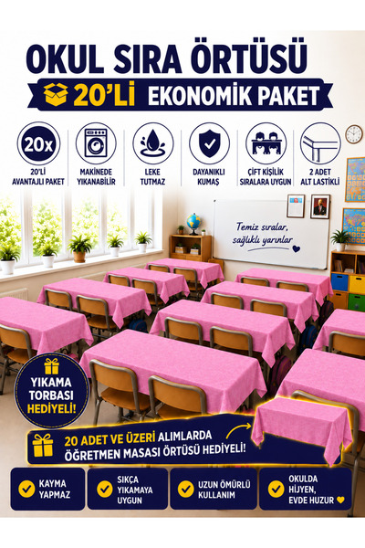 GÜLHOME 20'Li Okul Sıra Masa Örtüsü Lastikli A kalite kumaş Leke Tutmaz